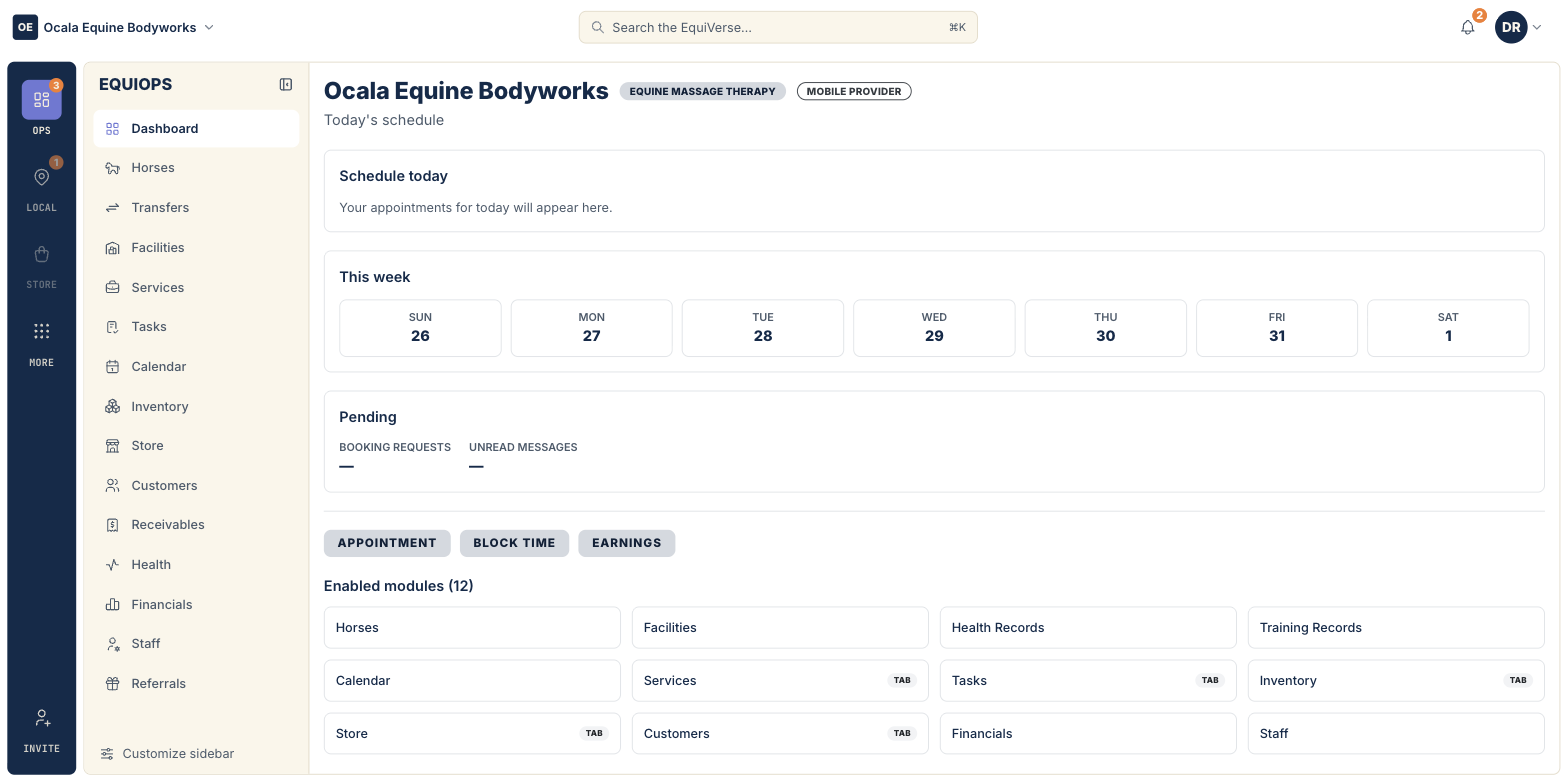 The EquiOps web app dashboard for a mobile equine service provider