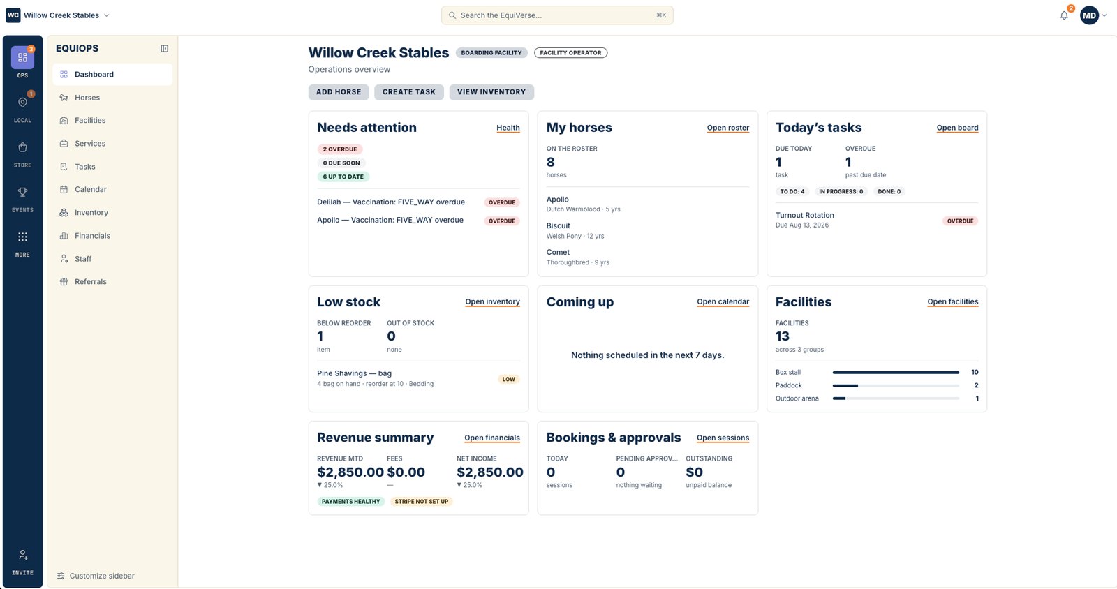 EquiOps web dashboard for a boarding facility, showing health alerts, horse roster, tasks, inventory and revenue