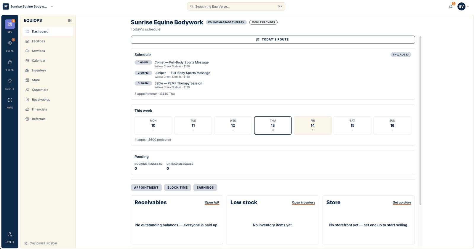 EquiOps web dashboard for a mobile equine massage provider, showing the day's appointments, the week ahead and outstanding receivables