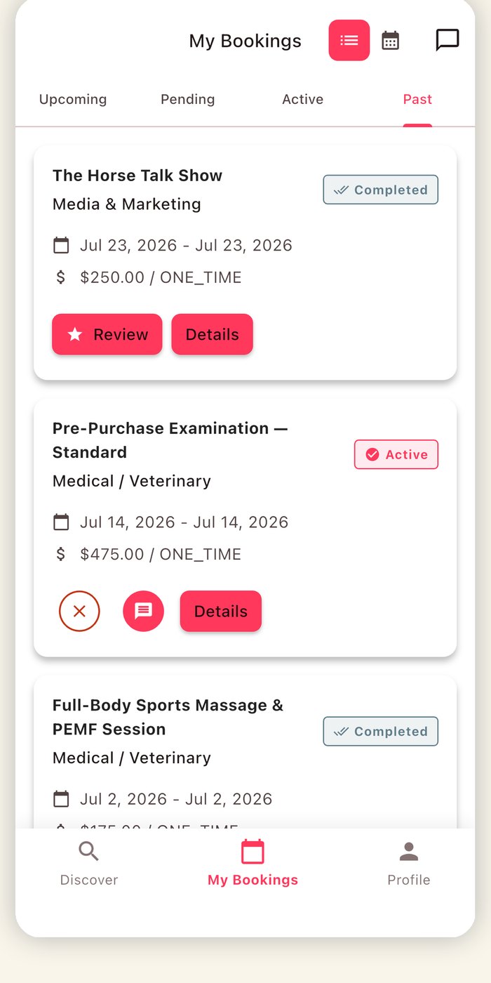 EquiLocal on iPhone showing upcoming, active and past bookings in one list
