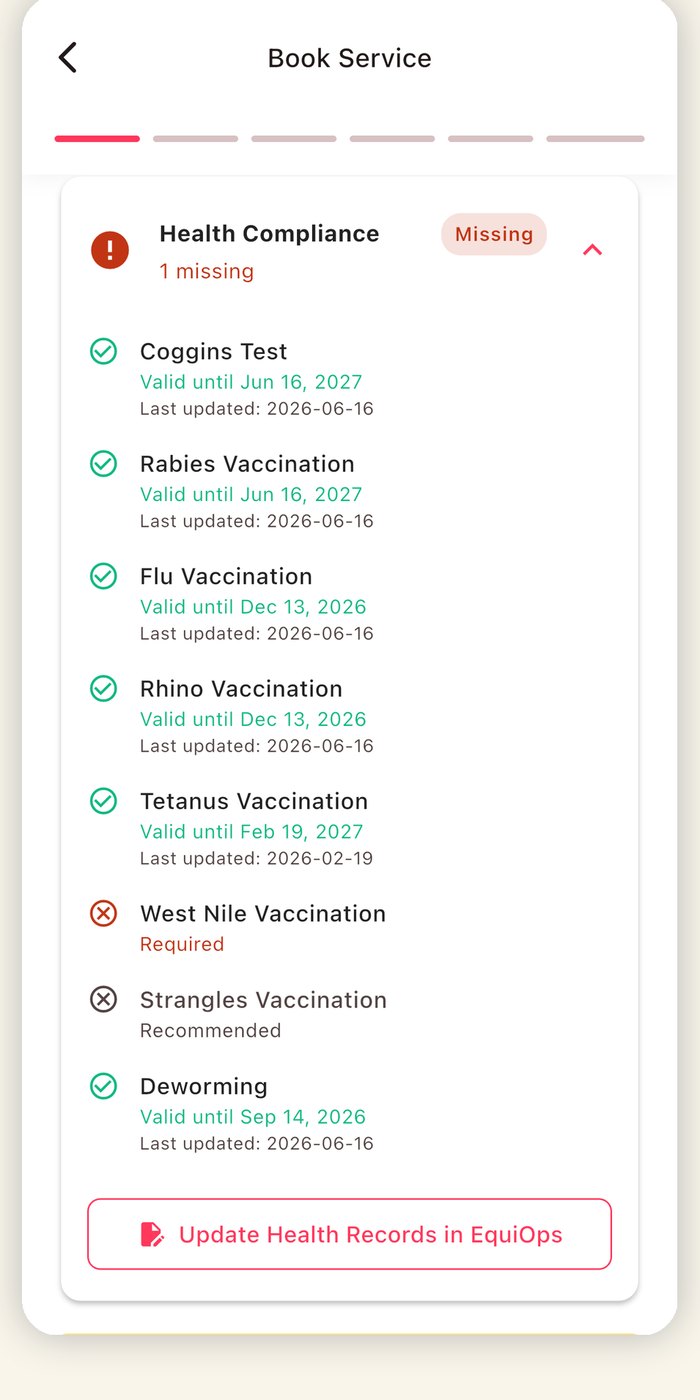 EquiLocal on iPhone showing a service's health requirements with missing paperwork flagged before booking
