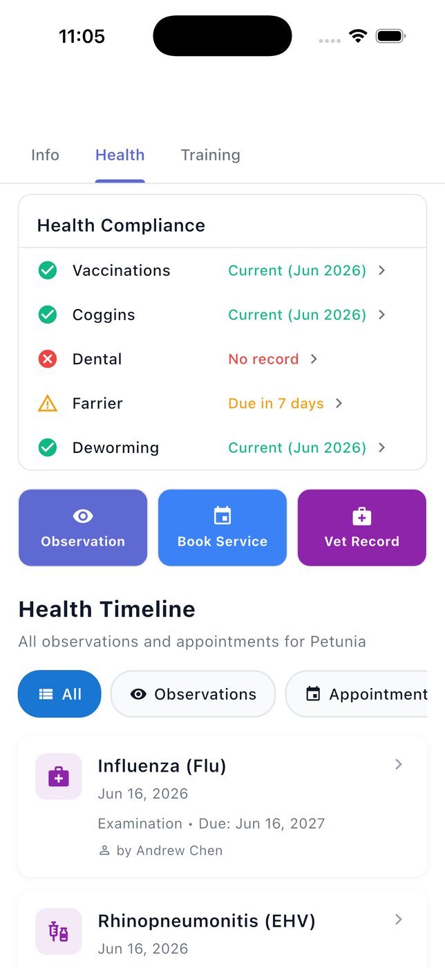 EquiOps on iPhone showing a horse's health compliance status and vaccination timeline