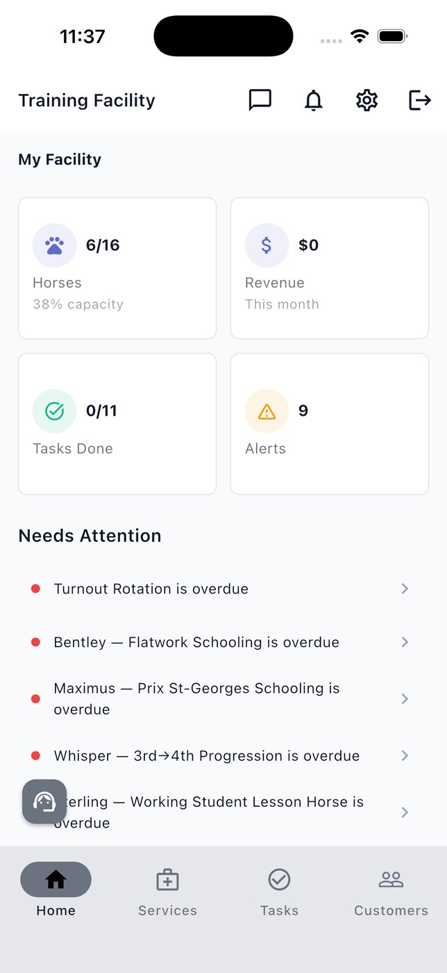 EquiOps on iPhone showing facility capacity, revenue, task progress and items needing attention