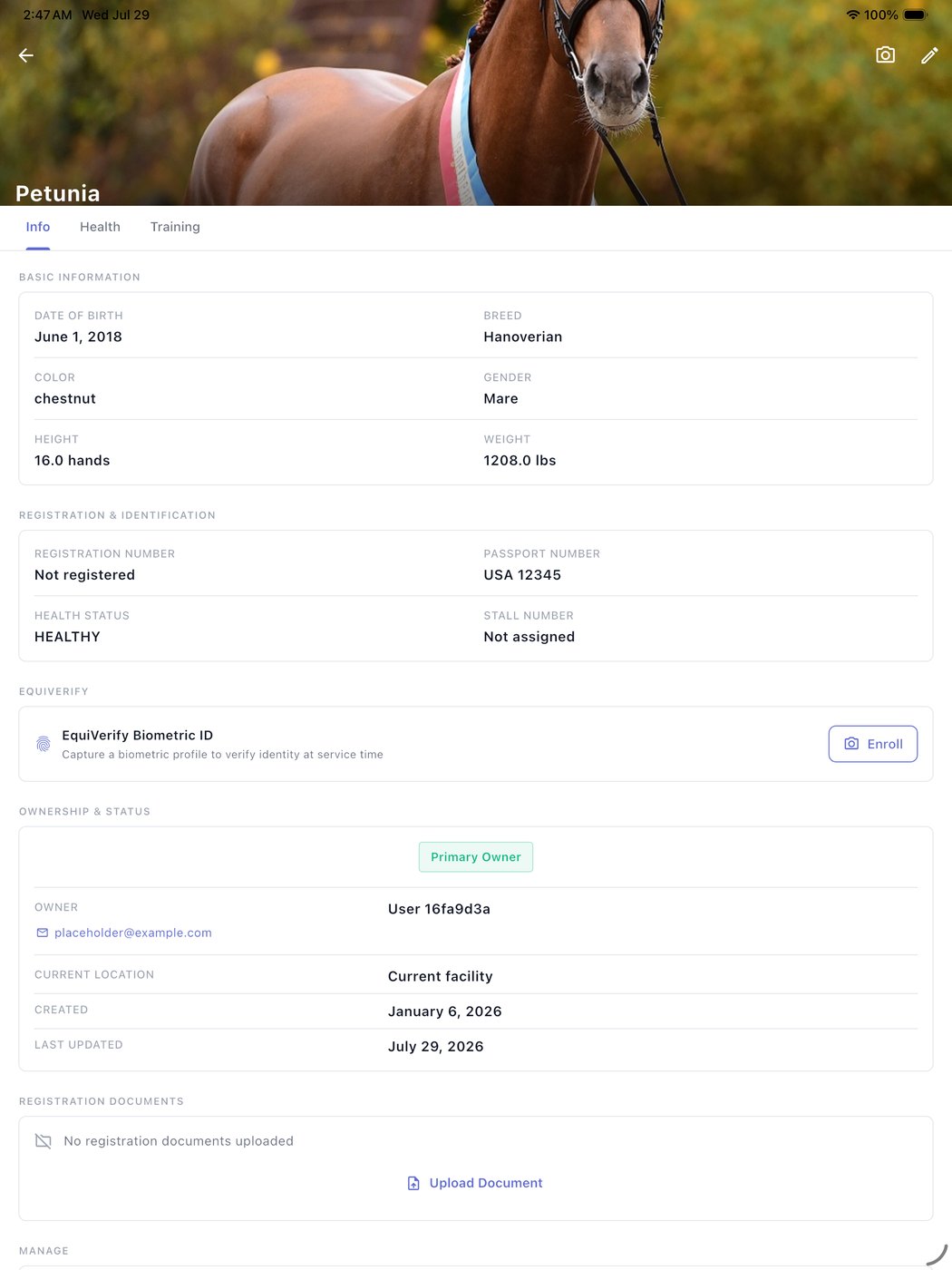 EquiOps on iPad showing a full horse profile with photo, breed and registration details